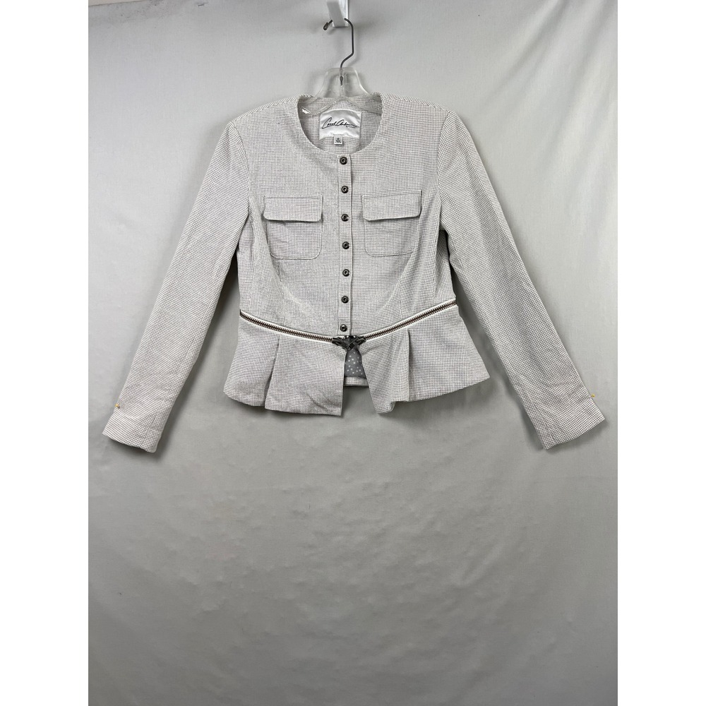Carol Anderson Blazer Women 0 Grey White Peplum Micro-Check Zipper Detail Jacket